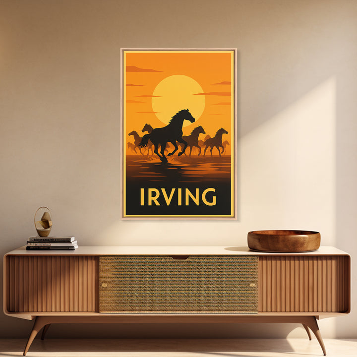 Irving Travel Poster, Framed Canvas Print, Warm Sunset Silhouette Art, Irving City Art, Living Room Wall Art, Wanderlust Decor