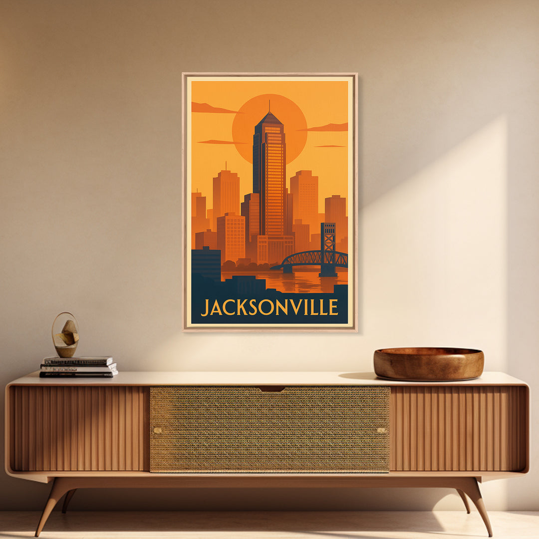 Jacksonville Travel Poster, Framed Canvas Print, Gold Art Deco Poster Art, Jacksonville City Art, City Art Print, Modern Wall Decor