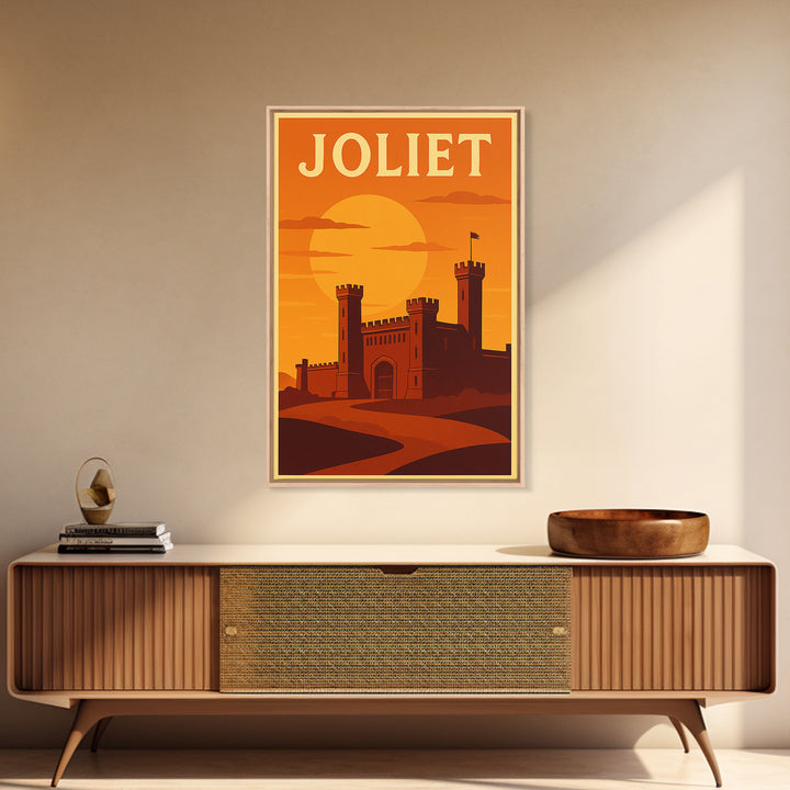 Joliet Illinois Travel Poster, Framed Canvas Print, Gold Art Deco Poster Art, Joliet Travel Art, Mid Century Wall Art, Retro Travel Print