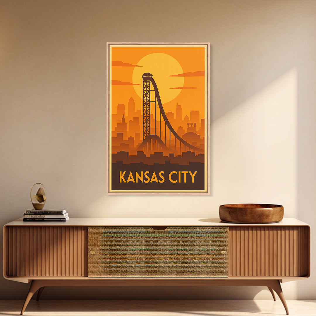 Kansas City Travel Poster, Framed Canvas Print, Gold Art Deco Poster Art, Kansas City Travel Art, Watercolor Urban Skyline, Travel Art Print