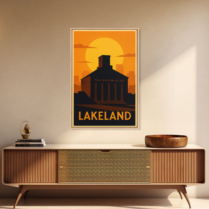 Lakeland Travel Poster, Canvas Print, Warm Sunset Silhouette Art, Lakeland Art Print, Living Room Wall Art, Mid Century Wall Art