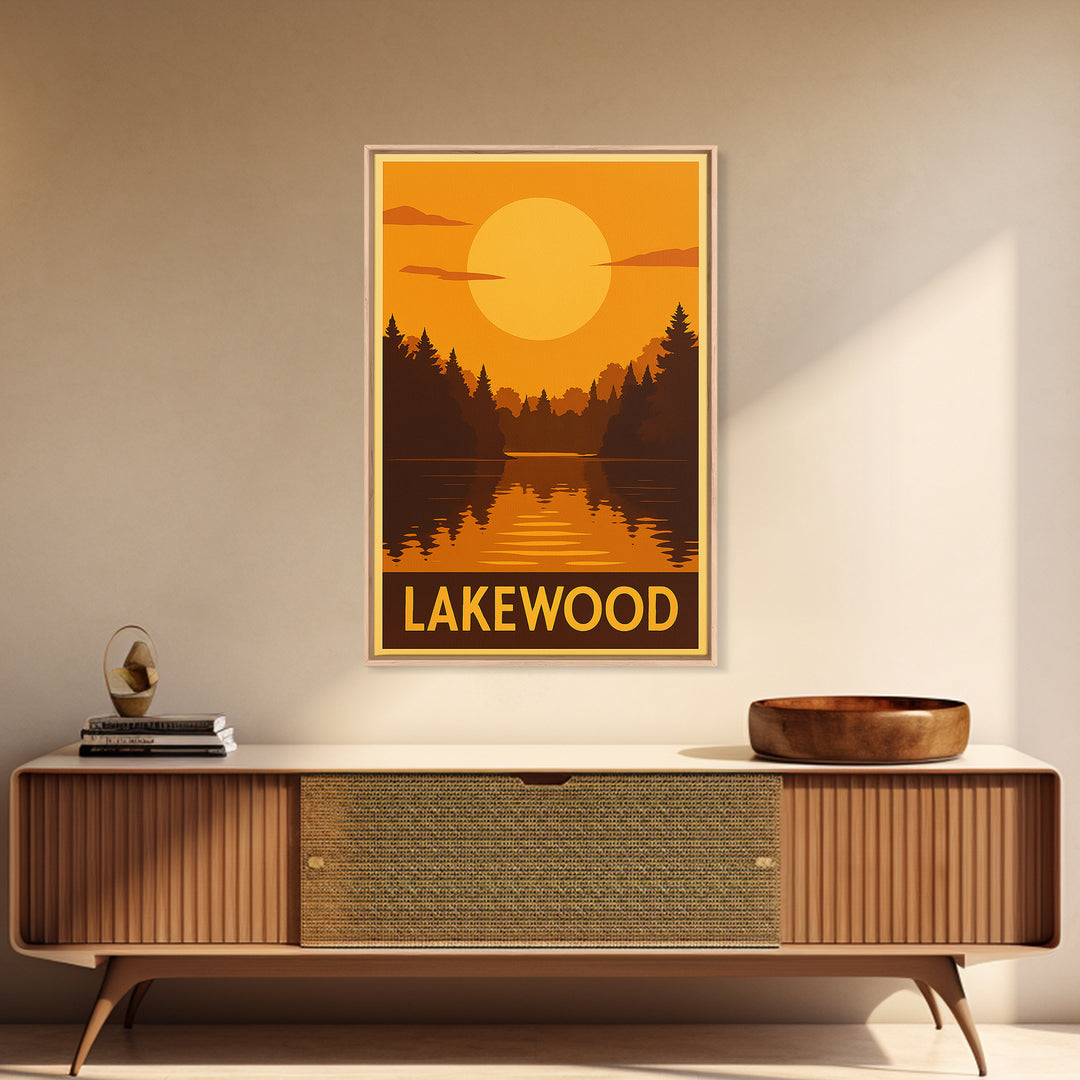 Lakewood Travel Poster, Framed Canvas Print, Golden Travel Poster Art, Lakewood City Art, Living Room Wall Art, City Illustration