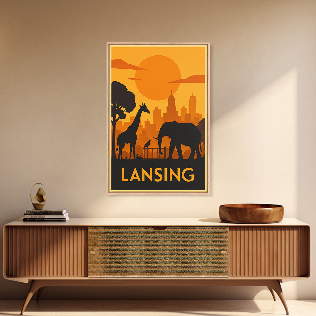 Lansing Travel Poster, Framed Canvas Print, Golden Travel Poster Art, Lansing City Art, Wanderlust Decor, Living Room Wall Art