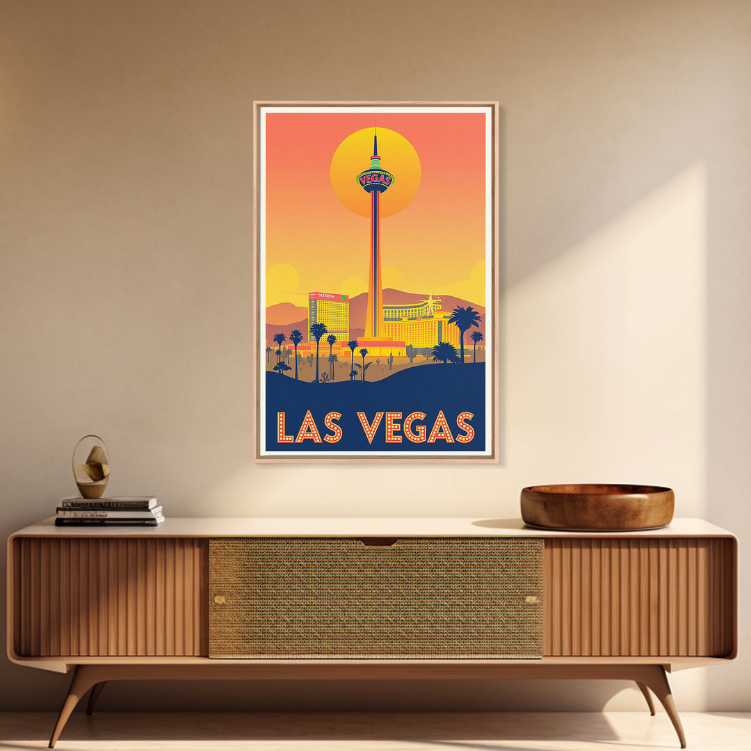 Las Vegas Travel Poster, Framed Canvas Print, Golden Travel Poster Art, Las Vegas City Art, Retro Travel Print, Gift For Travelers