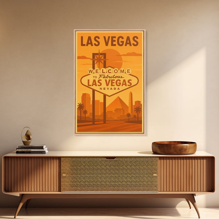 Las Vegas Travel Poster, Framed Canvas Print, Golden Travel Poster Art, Las Vegas Art Print, Modern Wall Decor, Mid Century Wall Art
