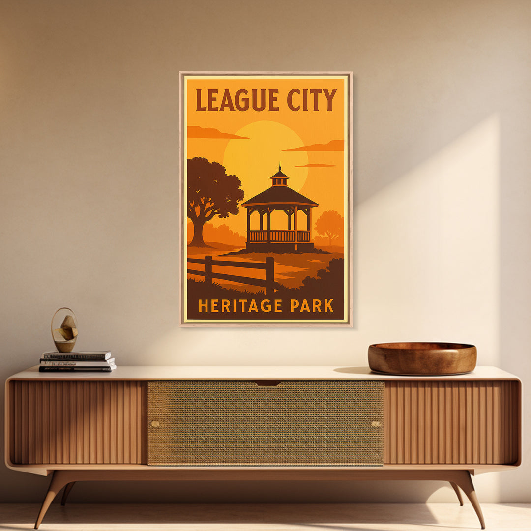 League City Texas Travel Poster, Canvas Print, Golden Travel Poster Art, League City City Art, Living Room Wall Art, Vintage Travel Print