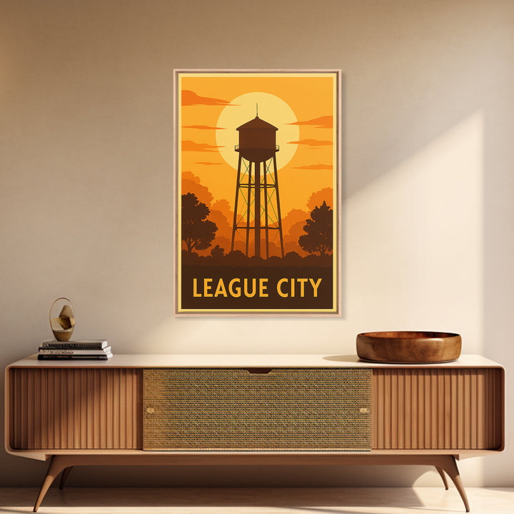 League City Travel Poster, Framed Canvas Print, Vintage Deco Wall Art, League City Travel Art, Vintage Travel Print, Vintage City Art