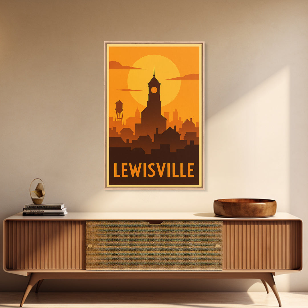 Lewisville Travel Poster, Canvas Print, Warm Sunset Silhouette Art, Lewisville Wall Art, Travel Wall Art, Watercolor City Skyline