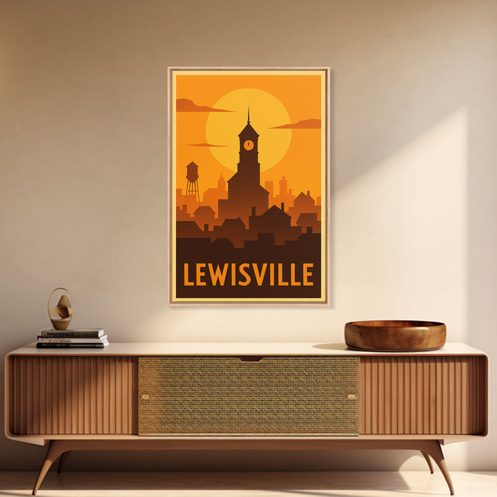 Lewisville Travel Poster, Canvas Print, Warm Sunset Silhouette Art, Lewisville Wall Art, Travel Wall Art, Watercolor City Skyline