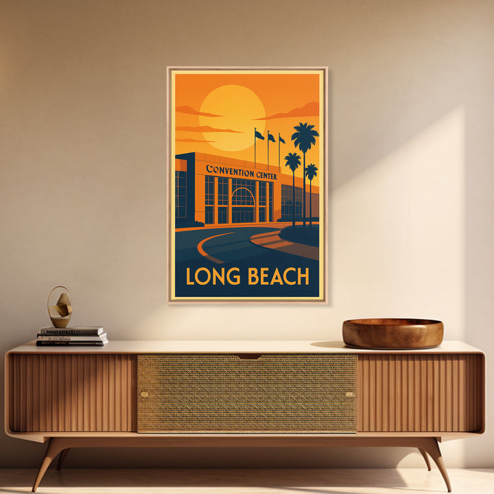 Long Beach Travel Poster, Canvas Print, Warm Sunset Silhouette Art, Long Beach Travel Art, Living Room Wall Art, Gift For Travelers