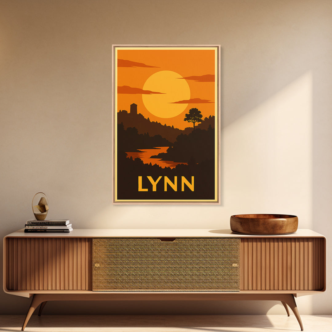 Lynn Travel Poster, Framed Canvas Print, Gold Art Deco Poster Art, Lynn City Art, Watercolor Skyline Art, City Travel Prints, Poster Print