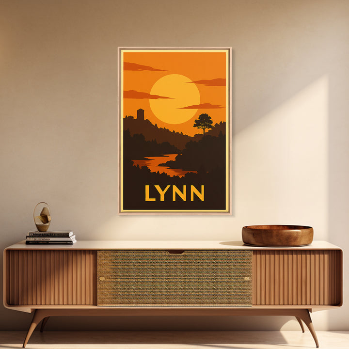 Lynn Travel Poster, Framed Canvas Print, Gold Art Deco Poster Art, Lynn City Art, Watercolor Skyline Art, City Travel Prints, Poster Print