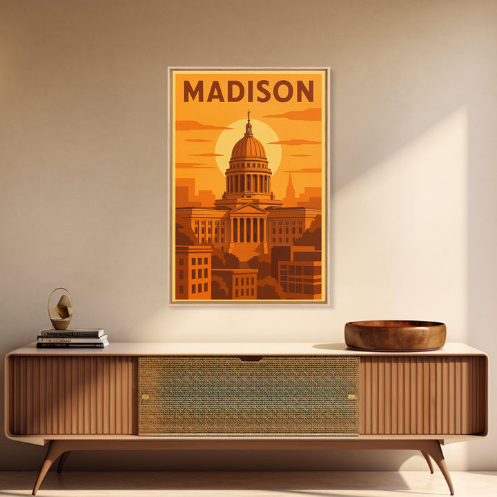 Madison Wisconsin Travel Poster, Framed Canvas Print, Gold Art Deco Poster Art, Madison Travel Art, Modern Wall Decor, City Illustration