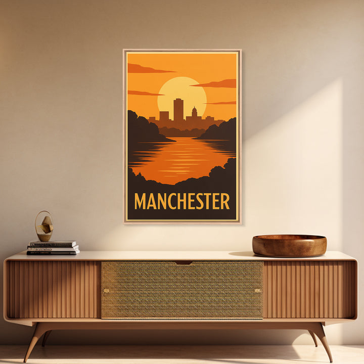 Manchester Travel Poster, Framed Canvas Print, Gold Art Deco Poster Art, Manchester City Art, Travel Poster Art, Watercolor Skyline