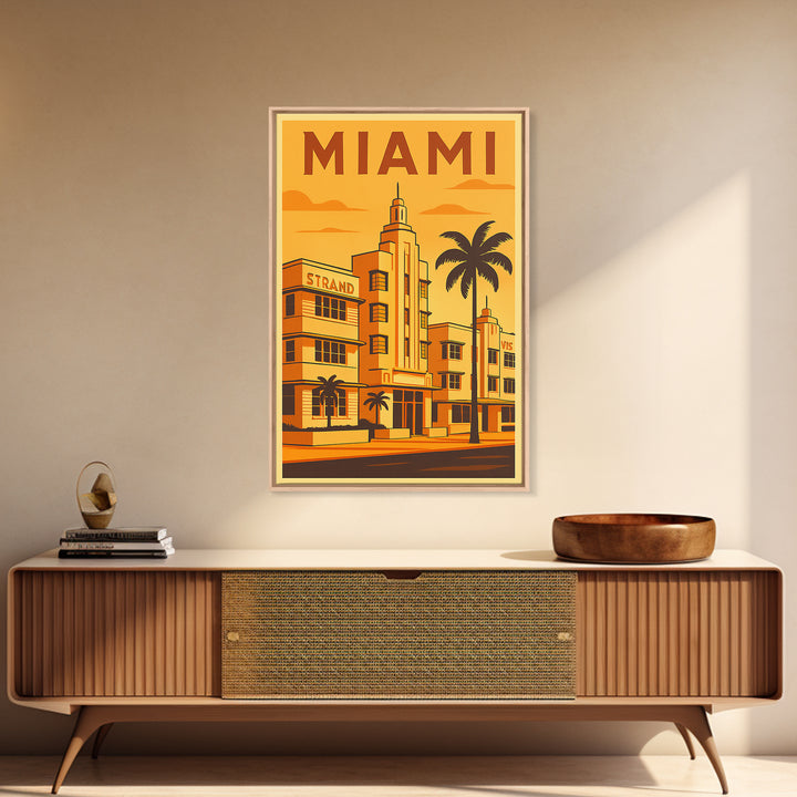 Miami Florida Travel Poster, Framed Canvas Print, Gold Art Deco Poster Art, Miami Travel Art, Home Office Decor, Living Room Wall Art
