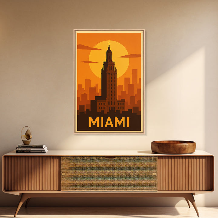 Miami Travel Poster, Framed Canvas Print, Warm Sunset Silhouette Art, Miami Poster Print, Fine Art Print, City Art Print, Vintage Travel Art