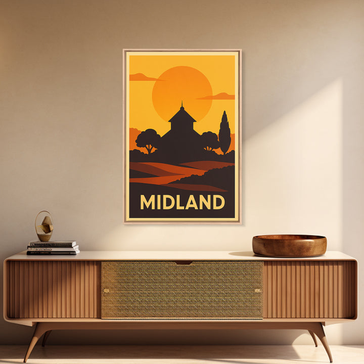 Midland Travel Poster, Framed Canvas Print, Warm Sunset Silhouette Art, Midland Wall Art, Travel Wall Decor, Travel Wall Art, Poster Art