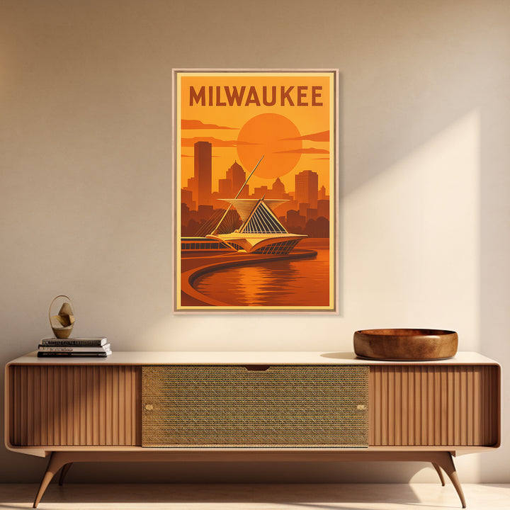 Milwaukee Wisconsin Travel Poster, Framed Canvas Print, Vintage Deco Wall Art, Milwaukee Poster Print, Travel Wall Art, Retro Travel Print