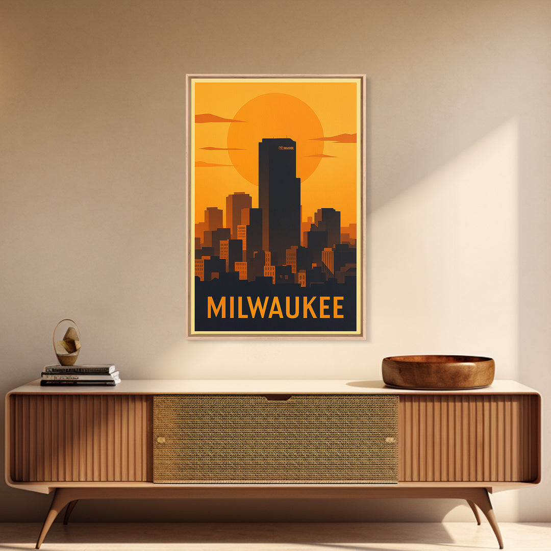 Milwaukee Travel Poster, Canvas Print, Gold Art Deco Poster Art, Milwaukee Travel Art, Fine Art Print, City Art Print, Living Room Wall Art
