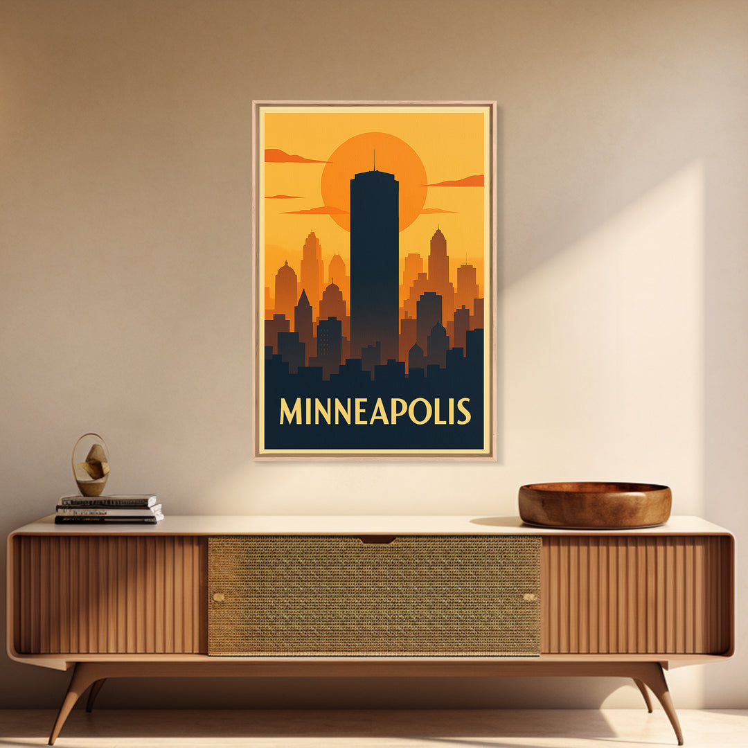 Minneapolis Travel Poster, Framed Canvas Print, Warm Sunset Silhouette Art, Minneapolis Art Print, Eclectic Wall Decor, City Travel Prints