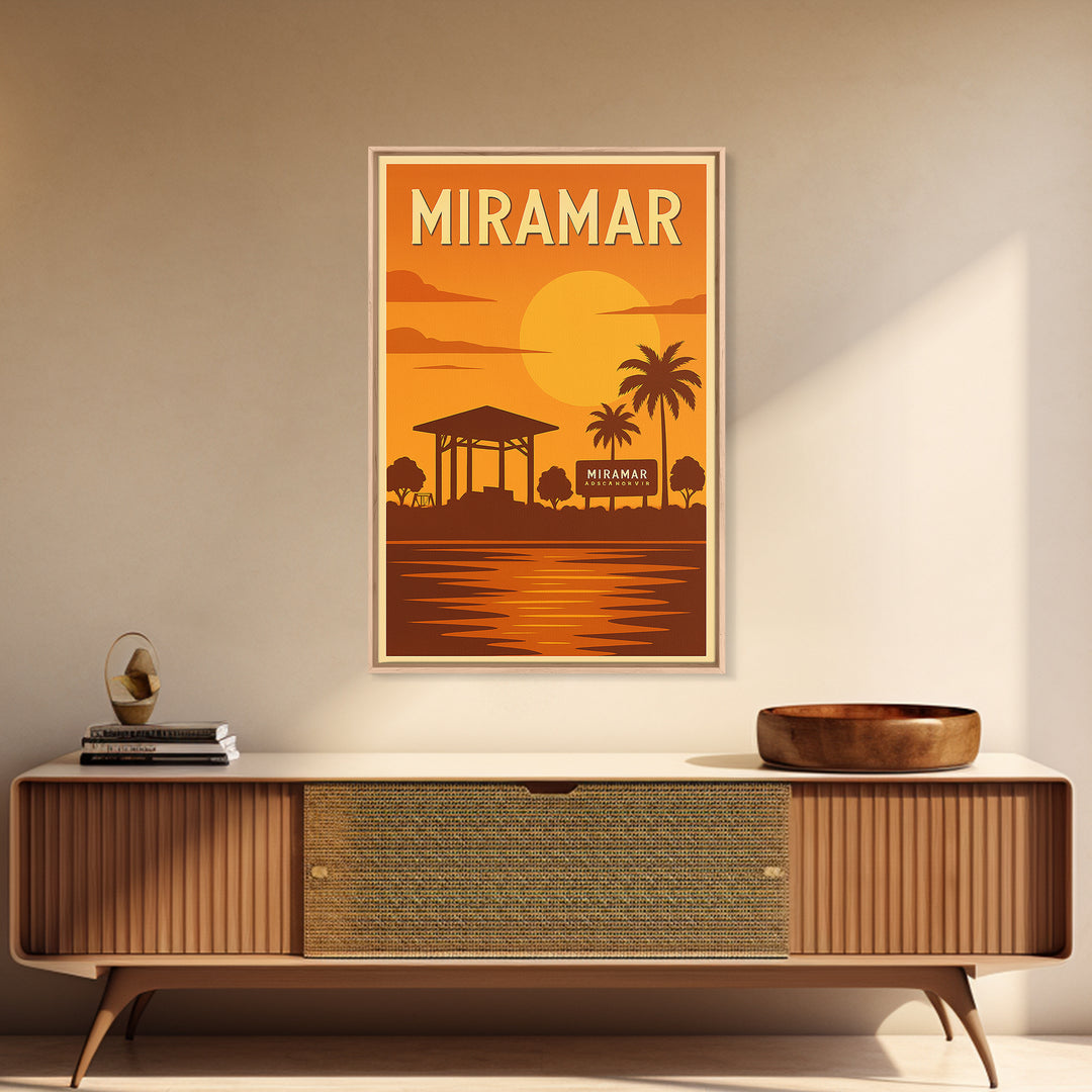 Miramar Florida Travel Poster, Framed Canvas Print, Golden Travel Poster Art, Miramar Poster Print, Modern Wall Decor, Fine Art Print