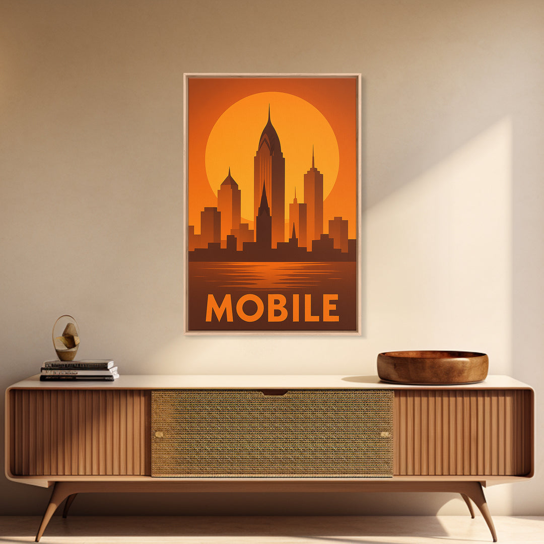 Mobile Travel Poster, Framed Canvas Print, Golden Travel Poster Art, Mobile Art Print, Travel Art Print, Mid Century Wall Art, Design 2