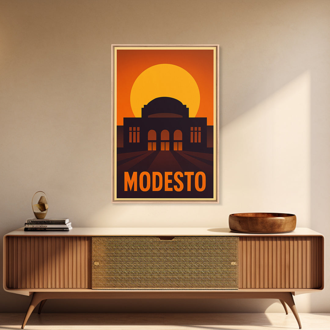 Modesto Travel Poster, Canvas Print, Vintage Deco Wall Art, Modesto City Art, Living Room Wall Art, Gift For Travelers, Vintage Travel Art