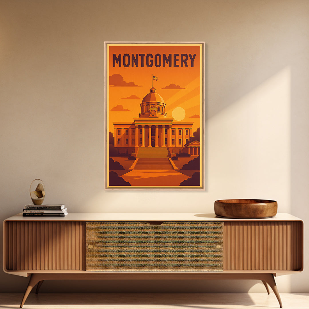 Montgomery Alabama Travel Poster, Canvas Print, Golden Travel Poster Art, Montgomery Travel Art, City Travel Prints, Travel Wall Decor