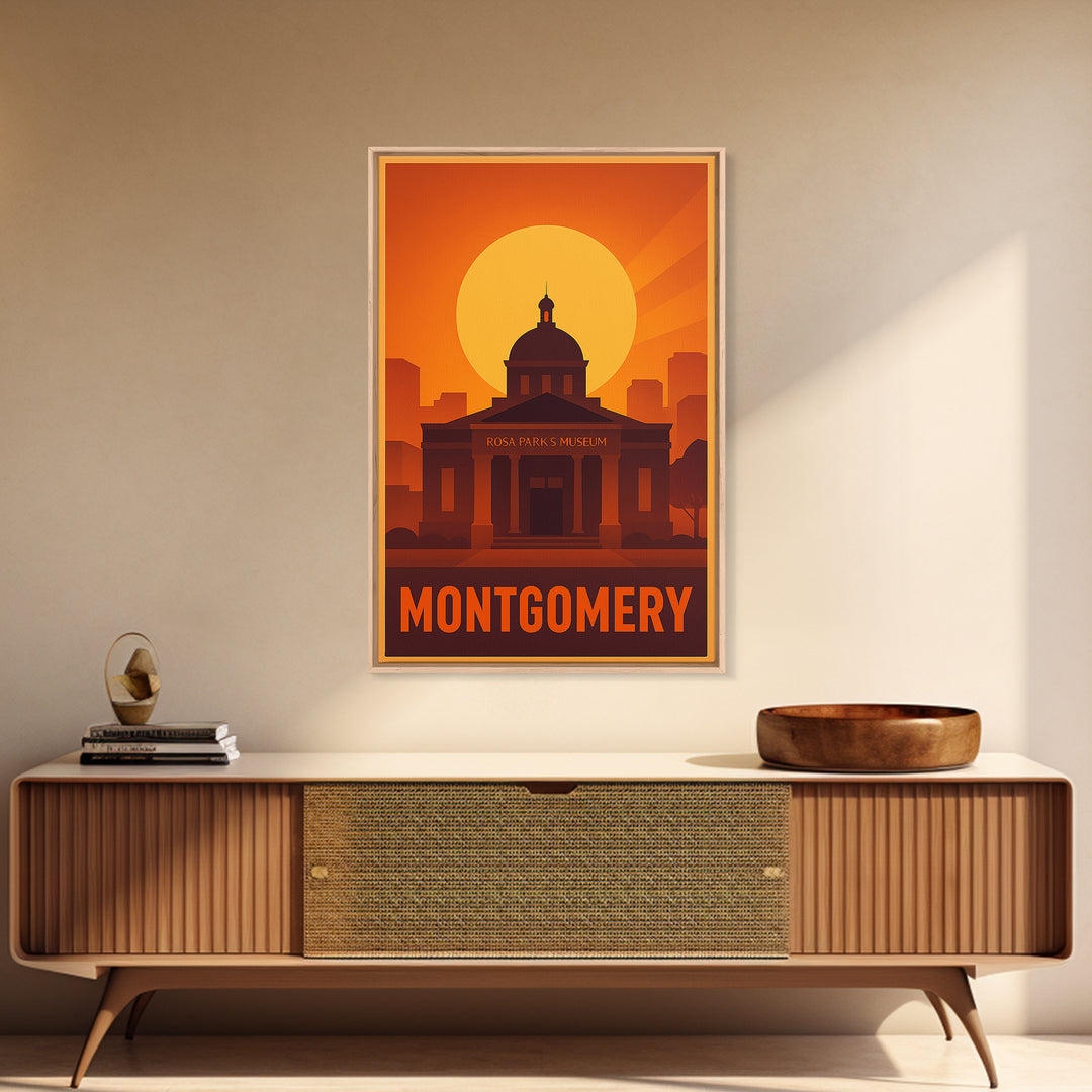 Montgomery Travel Poster, Canvas Print, Warm Sunset Silhouette Art, Montgomery Art Print, Vintage City Poster, Travel Wall Art