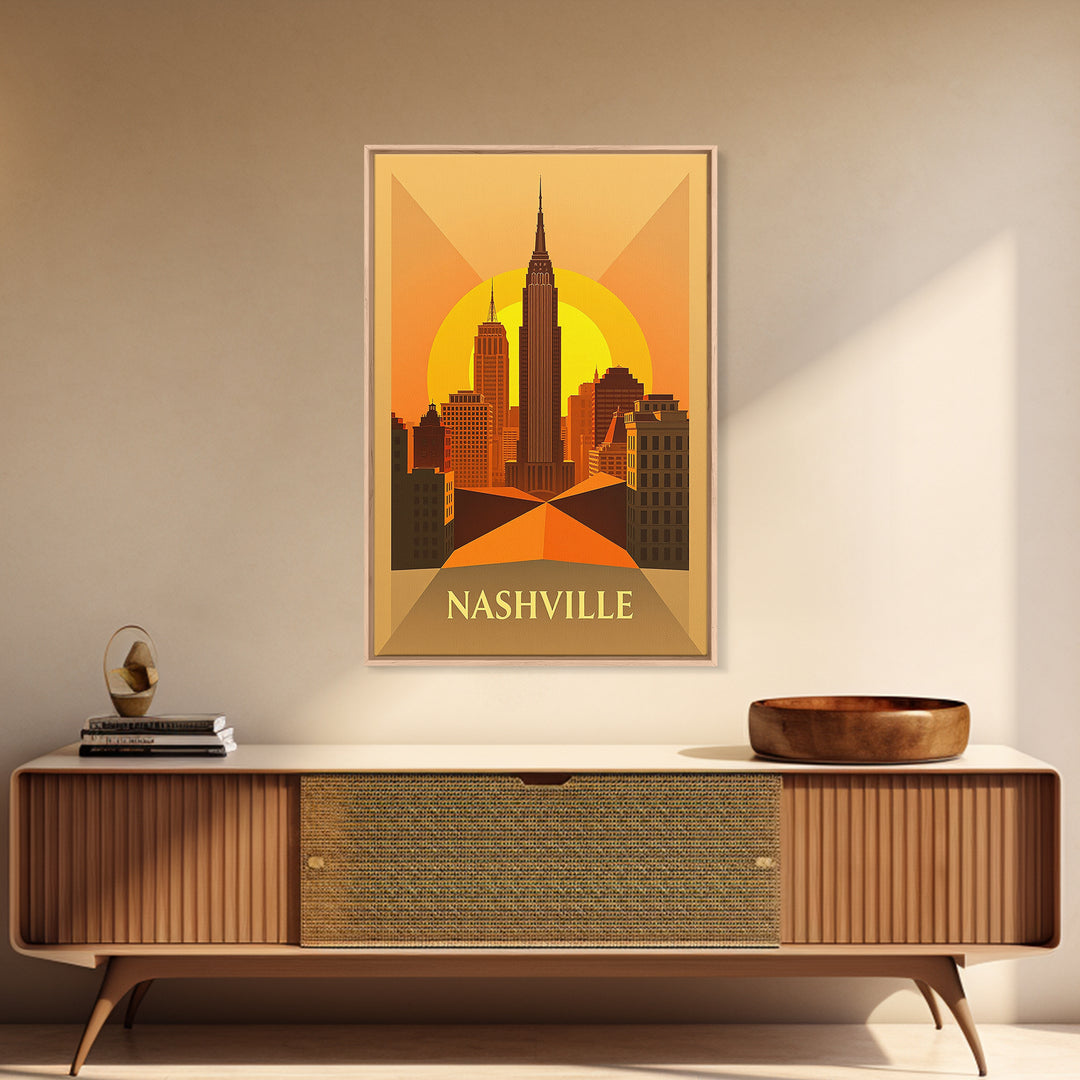Nashville Tennessee Travel Poster, Framed Canvas Print, Gold Art Deco Poster Art, Nashville City Art, City Art Print, Living Room Wall Art