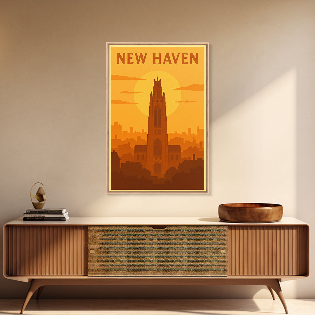 New Haven Connecticut Travel Poster, Framed Canvas Print, Gold Art Deco Poster Art, New Haven City Art, Travel Wall Art, Vintage City Poster
