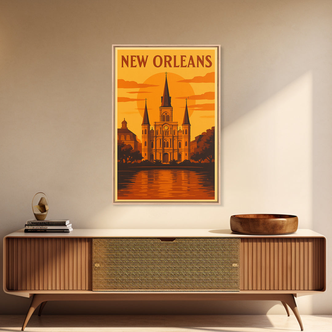 New Orleans Travel Poster, Framed Canvas Print, Golden Travel Poster Art, New Orleans Art Print, Travel Wall Art, City Art Print