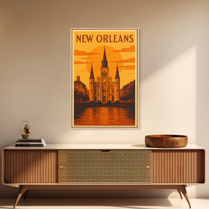 New Orleans Travel Poster, Framed Canvas Print, Golden Travel Poster Art, New Orleans Art Print, Travel Wall Art, City Art Print