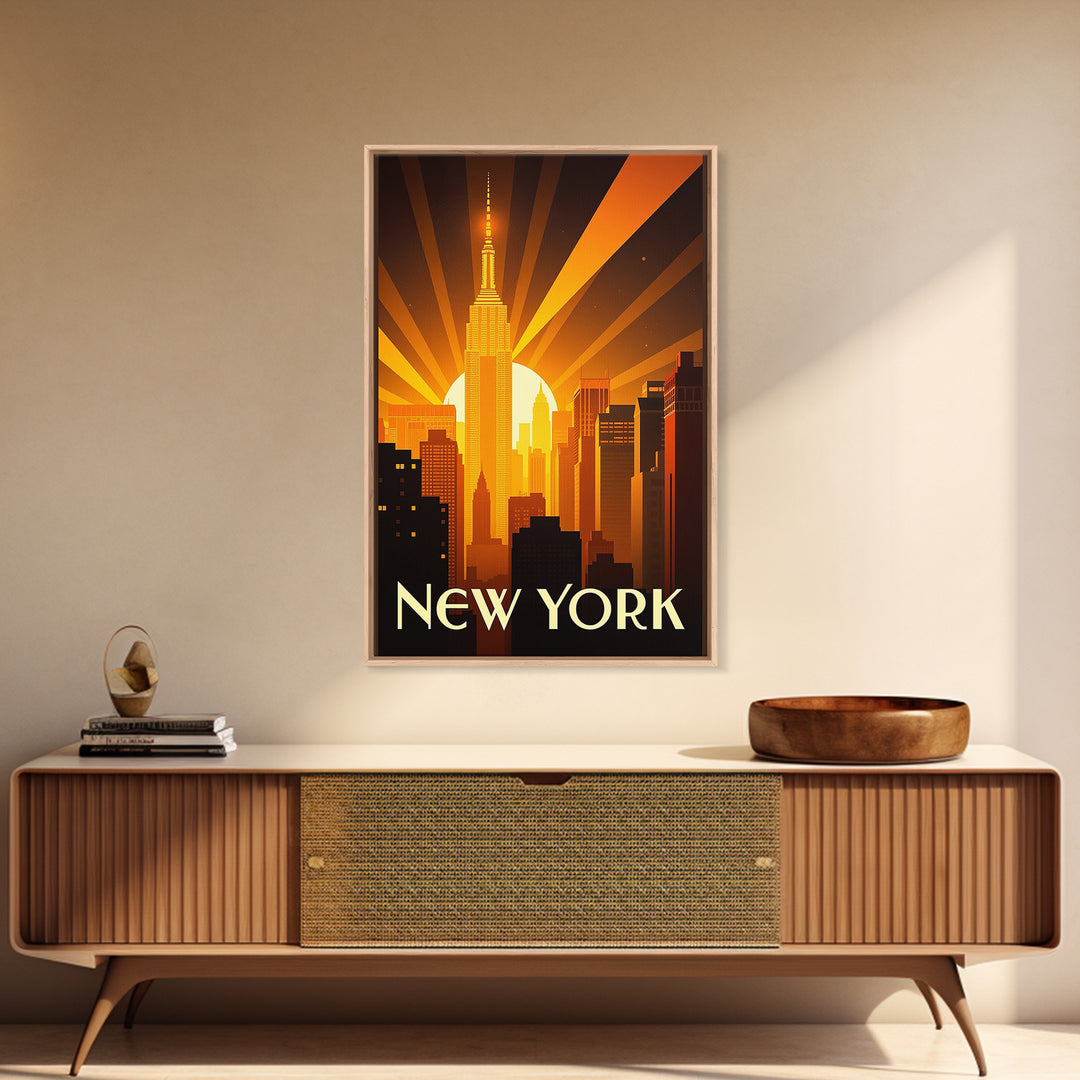 New York Travel Poster, Framed Canvas Print, Golden Travel Poster Art, New York Wall Art, Vintage Travel Art, Vintage City Poster