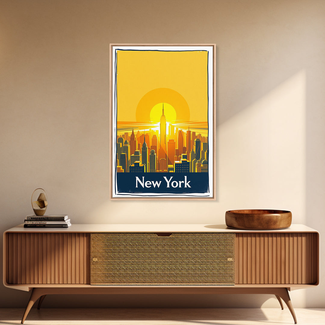 New York Travel Poster, Framed Canvas Print, Golden Travel Poster Art, New York Art Print, City Travel Prints, Watercolor Skyline