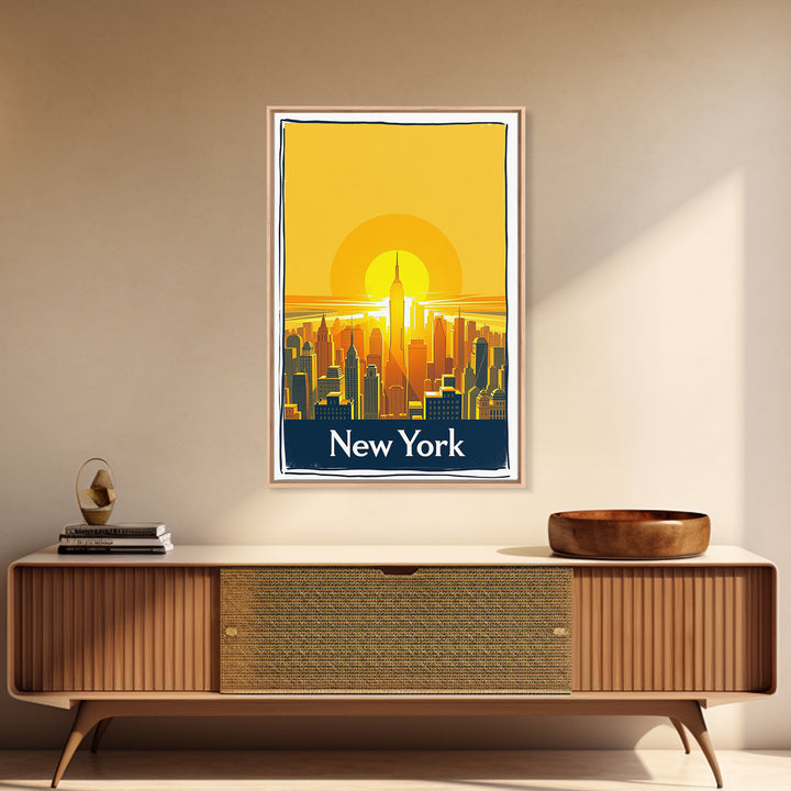 New York Travel Poster, Framed Canvas Print, Golden Travel Poster Art, New York Art Print, City Travel Prints, Watercolor Skyline