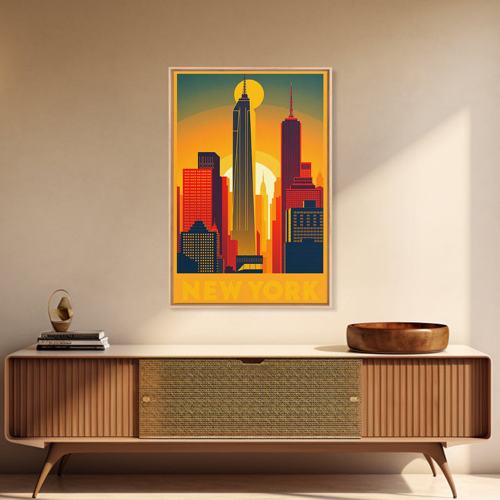 New York Travel Poster, Framed Canvas Print, Golden Travel Poster Art, New York Art Print, Vintage City Art, City Illustration