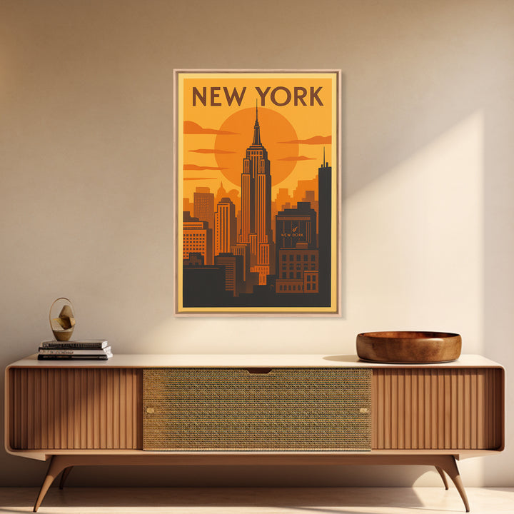 New York Travel Poster, Canvas Print, Warm Sunset Silhouette Art, New York Travel Art, Mid Century Wall Art, Modern Wall Decor