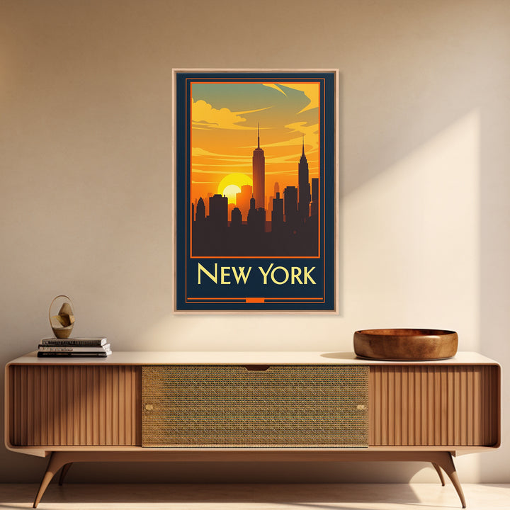 New York Travel Poster, Canvas Print, Warm Sunset Silhouette Art, New York Travel Art, Vintage Travel Art, Mid Century Wall Art