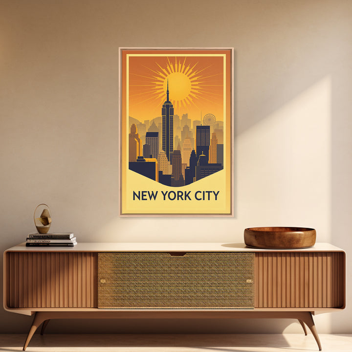 New York Travel Poster, Framed Canvas Print, Warm Sunset Silhouette Art, New York City Art, Travel Poster Set, Mid Century Wall Art