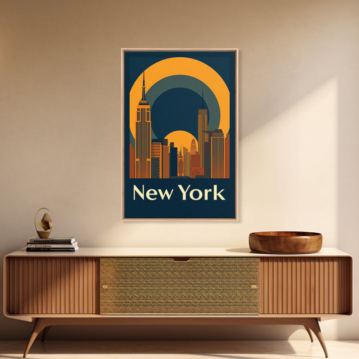 New York Travel Poster, Framed Canvas Print, Warm Sunset Silhouette Art, New York Poster Print, Vintage City Poster, City Travel Prints