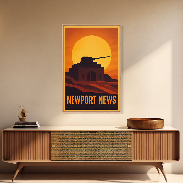 Newport News Travel Poster, Framed Canvas Print, Warm Sunset Silhouette Art, Newport News City Art, Travel Wall Decor, City Illustration