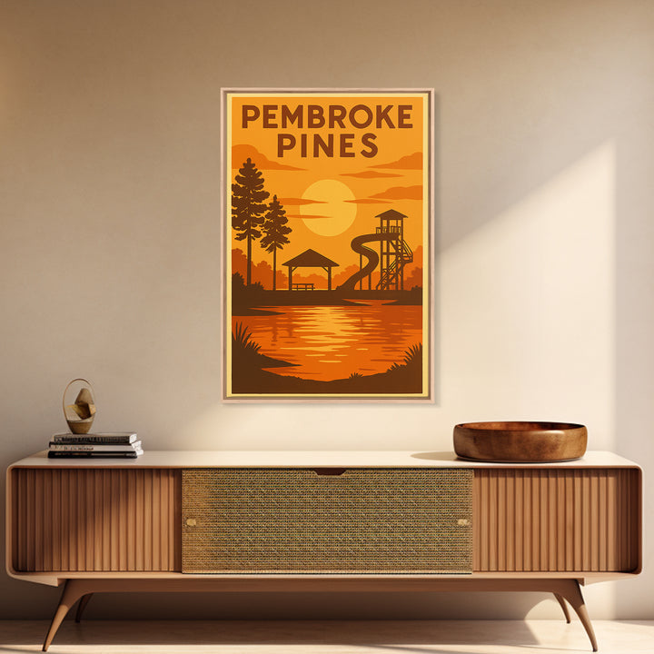 Pembroke Pines Florida Travel Poster, Canvas Print, Warm Sunset Silhouette Art, Pembroke Pines Wall Art, Retro Travel Print, City Poster
