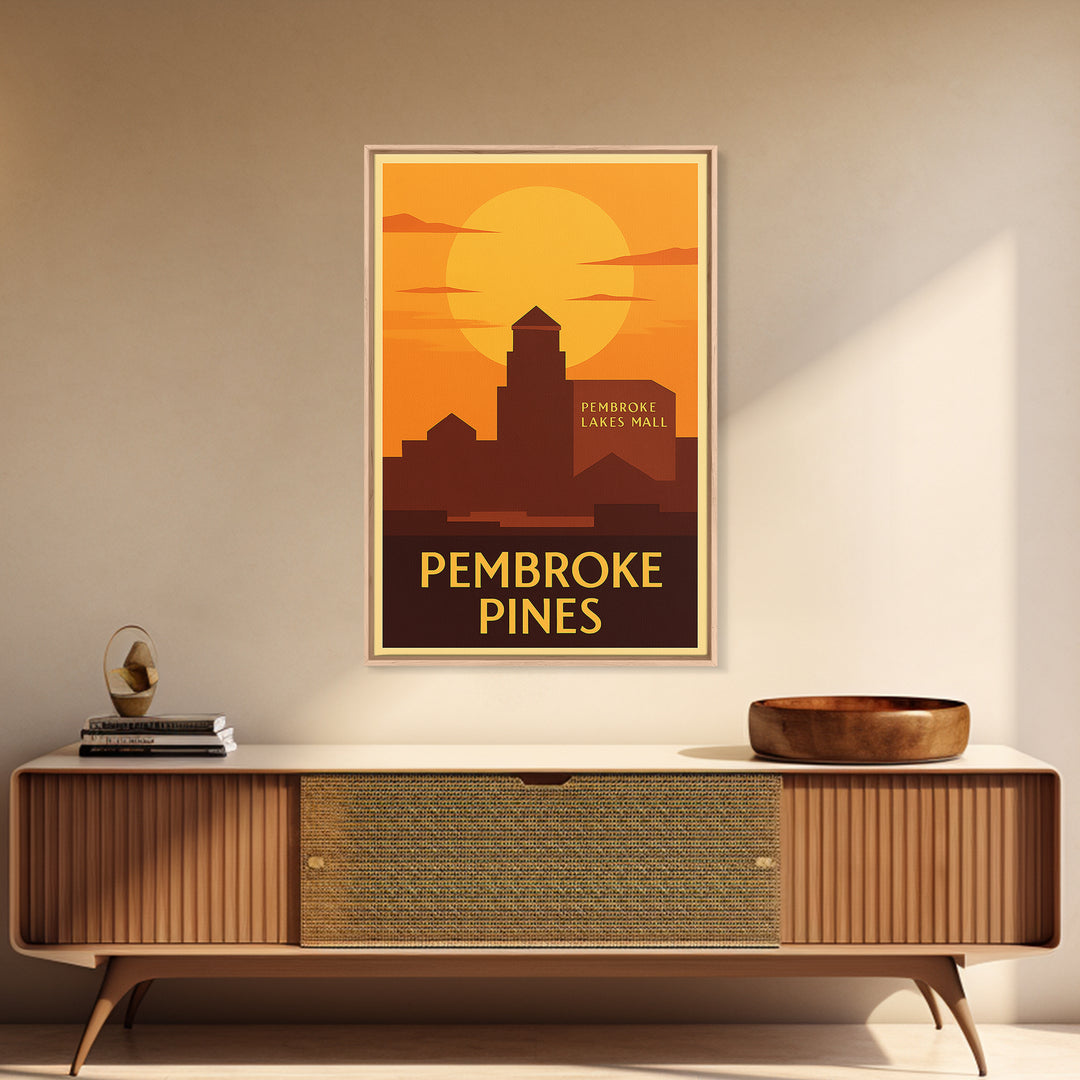 Pembroke Pines Travel Poster, Framed Canvas Print, Warm Sunset Silhouette Art, Pembroke Pines City Art, City Art Print, City Illustration