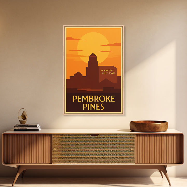 Pembroke Pines Travel Poster, Framed Canvas Print, Warm Sunset Silhouette Art, Pembroke Pines City Art, City Art Print, City Illustration