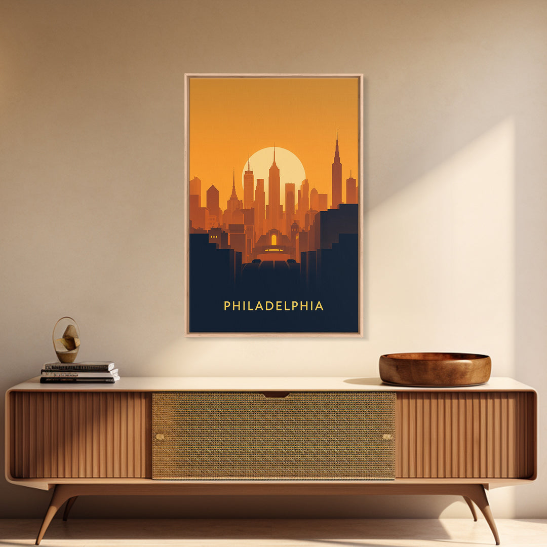 Philadelphia Travel Poster, Framed Canvas Print, Warm Sunset Silhouette Art, Philadelphia Travel Art, Modern Wall Decor, Travel Wall Art