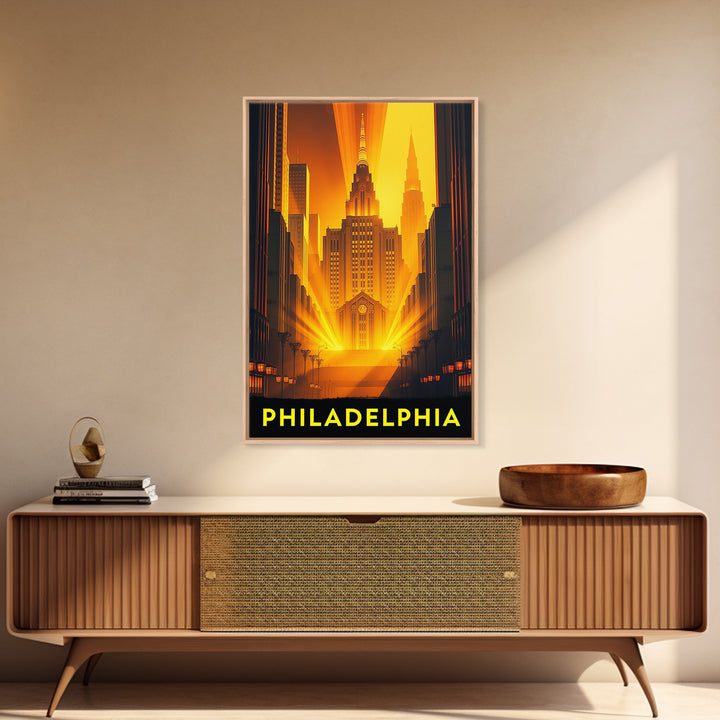 Philadelphia Travel Poster, Framed Canvas Print, Gold Art Deco Poster Art, Philadelphia City Art, Travel Art Print, Vintage City Poster