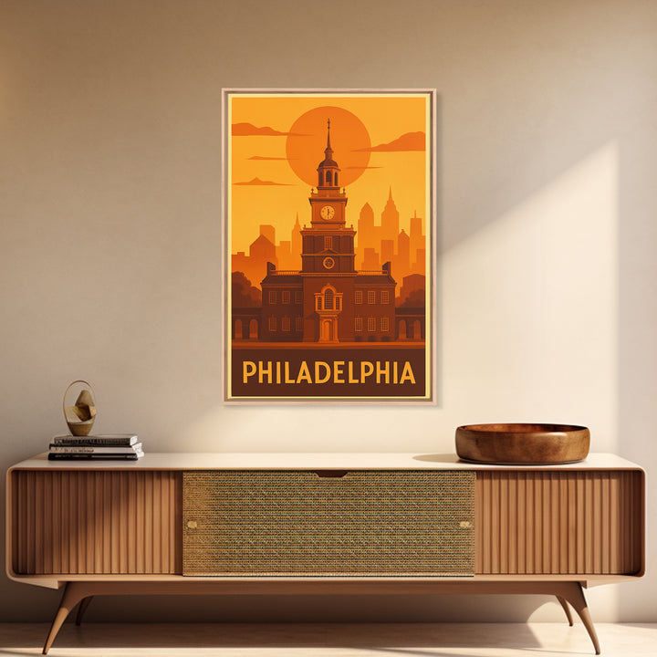 Philadelphia Travel Poster, Canvas Print, Warm Sunset Silhouette Art, Philadelphia Travel Art, Travel Art Print, Living Room Wall Art