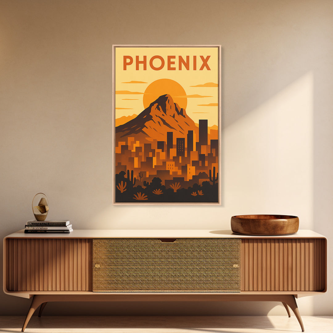 Phoenix Arizona Travel Poster, Framed Canvas Print, Gold Art Deco Poster Art, Phoenix Poster Print, City Travel Prints, Watercolor Skyline