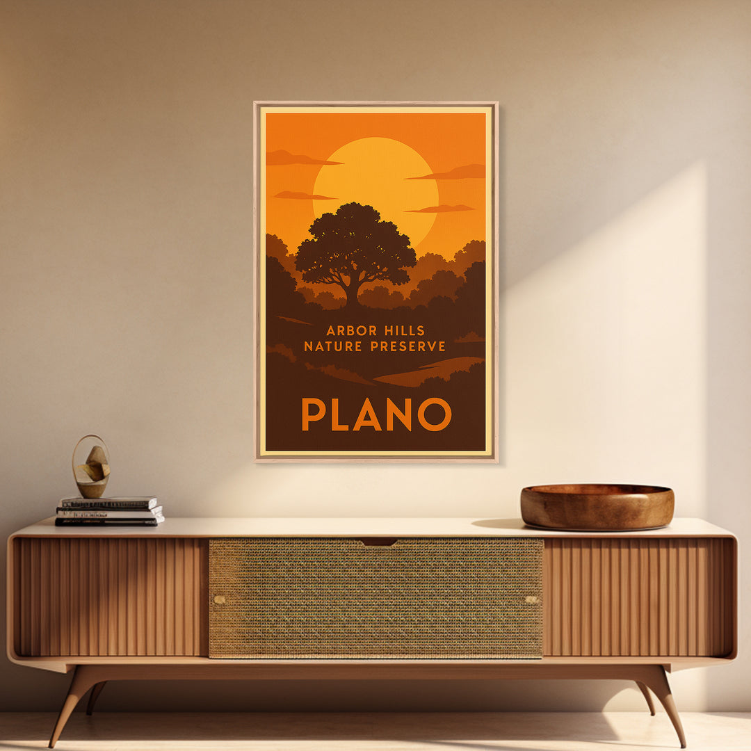 Plano Travel Poster, Framed Canvas Print, Golden Travel Poster Art, Plano Poster Print, Travel Wall Decor, Living Room Wall Art
